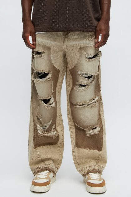 جينز كارجو باجي ممزق "فول بلاك" - بني