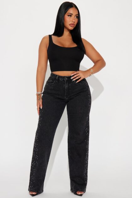 بنطلون جينز مستقيم الساق مطاطي ومزين "Always Shining" - غسيل أسود