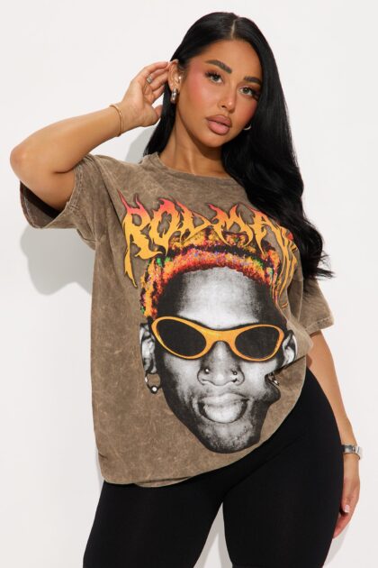 تيشيرت دينيس رودمان "فيس" مغسول - بني