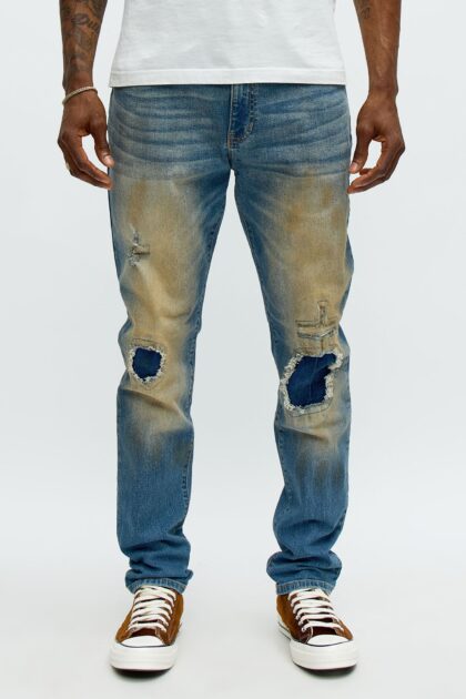 جينز "جوينج إن سيركلز" سكيني ممزق ومرقع - أزرق عتيق (وش)