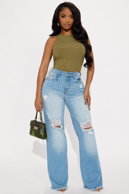 جينز ساق واسعة ممزق مطاطي (وادي كولدووتر) - وُشْح فاتح