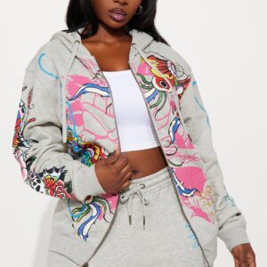 هودي إد هاردي بسحاب وطبعة فراشات – رمادي