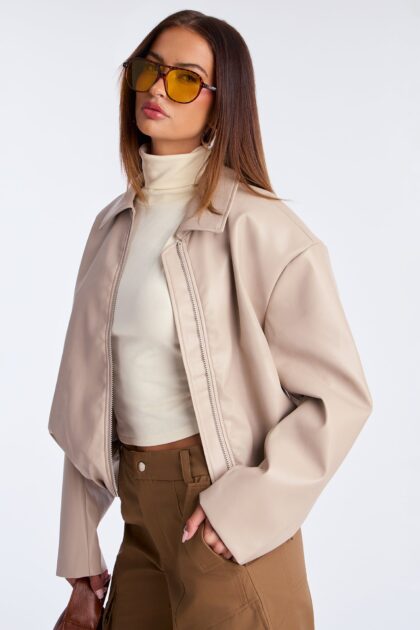 جاكيت بومبر جلد صناعي "إيمان إت جيرل" - رمادي داكن (توب)