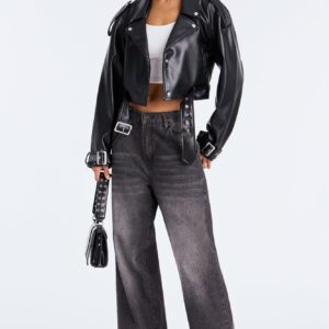 جاكيت فاست لين موتو من الجلد الصناعي – أسود