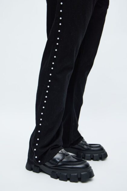 جينز "ستاكد" سكيني فلير باللؤلؤ - أسود