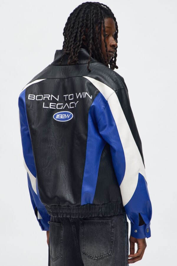 جاكيت بومبر ريسر جلد صناعي بنمط كتل الألوان - أسود