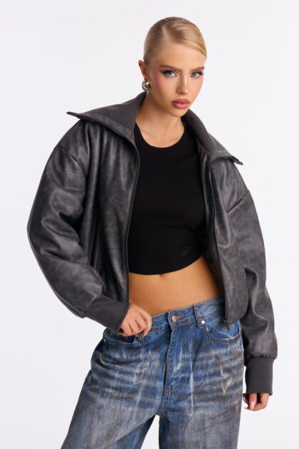 جاكيت بومبر جلد صناعي مغسول "ترو ديزاير" - فاحم