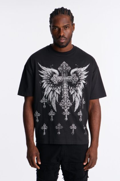 تيشيرت "كروسز فور إيفر" بأحجار الراين وقصة واسعة - أسود