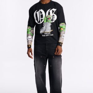 تيشيرت “سمسم ستريت أوسكار” واسع بأكمام طويلة – أسود باهت (وش)