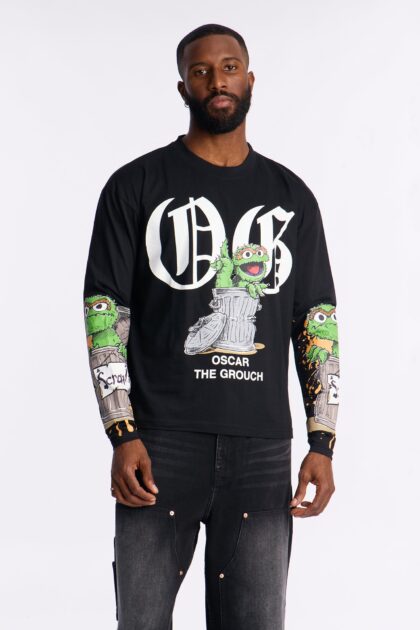 تيشيرت "سمسم ستريت أوسكار" واسع بأكمام طويلة - أسود باهت (وش)