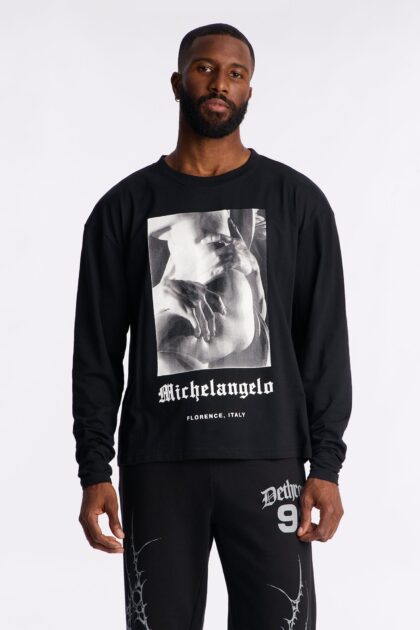 تيشيرت "تمثال مايكل أنجلو فلورنسا" واسع بأكمام طويلة - أسود