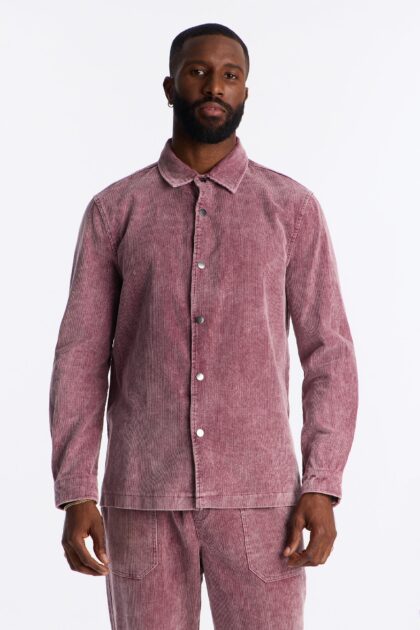 قميص مخمل مضلع "شي تاون" بأزرار - عنابي