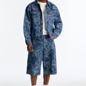 جاكيت جينز قصير جاكار بنقشة باروك – أزرق متوسط (وش)