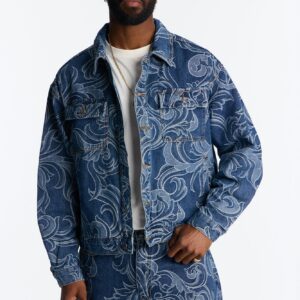 جاكيت جينز قصير جاكار بنقشة باروك – أزرق متوسط (وش)