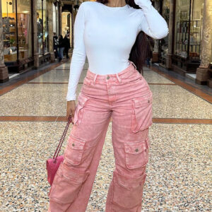 جينز كارغو “ليلي” خصر عالي – وردي