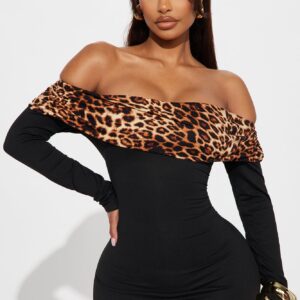 فستان ميدي بنقشة النمر “دونت تيمبت مي” – أسود