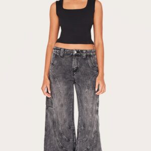 جينز واسع الساق بتفاصيل خياطة لوحية – رمادي