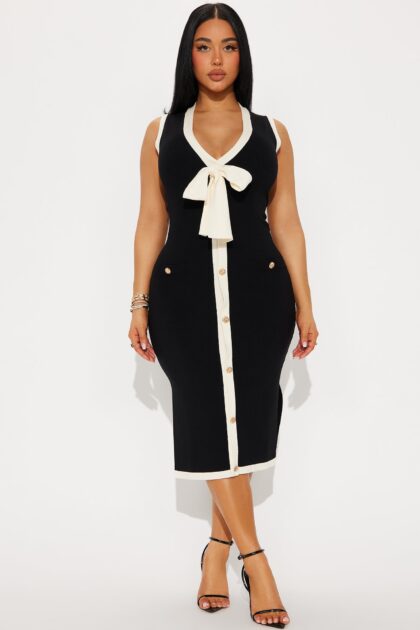 فستان سويتر ميدي بياقة V عميقة - أسود/أبيض