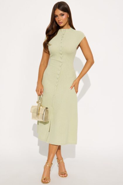 فستان "دارا" ميدي منقوش - أخضر باهت