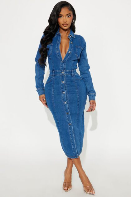 فستان جينز ميدي بأكمام طويلة - نيلة داكنة