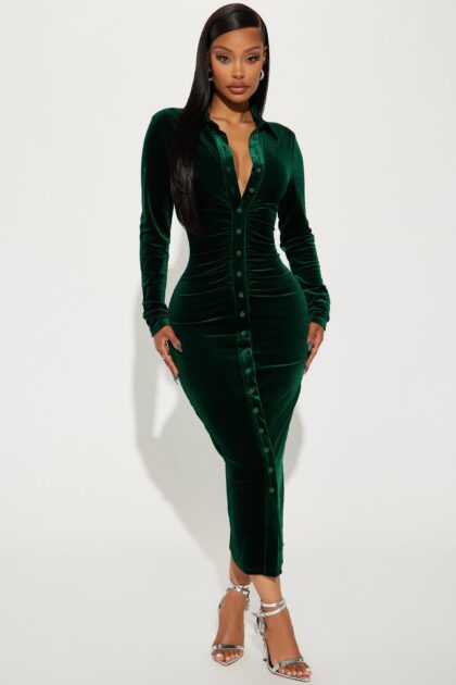 فستان "كاتي" مخملي ميدي - زيتي