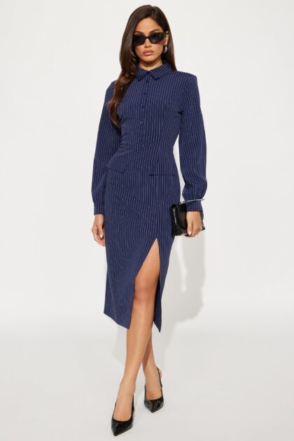 فستان قميص "تايا" مخطط بياقة - كحلي مدمج