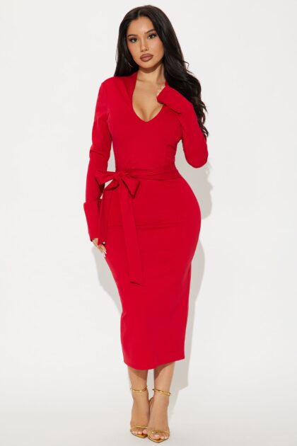 فستان ميدي "فلوريش" مع حزام - أحمر