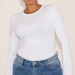 بودي سوت قطني أبيض مقاس كبير بياقة دائرية وأكمام طويلة