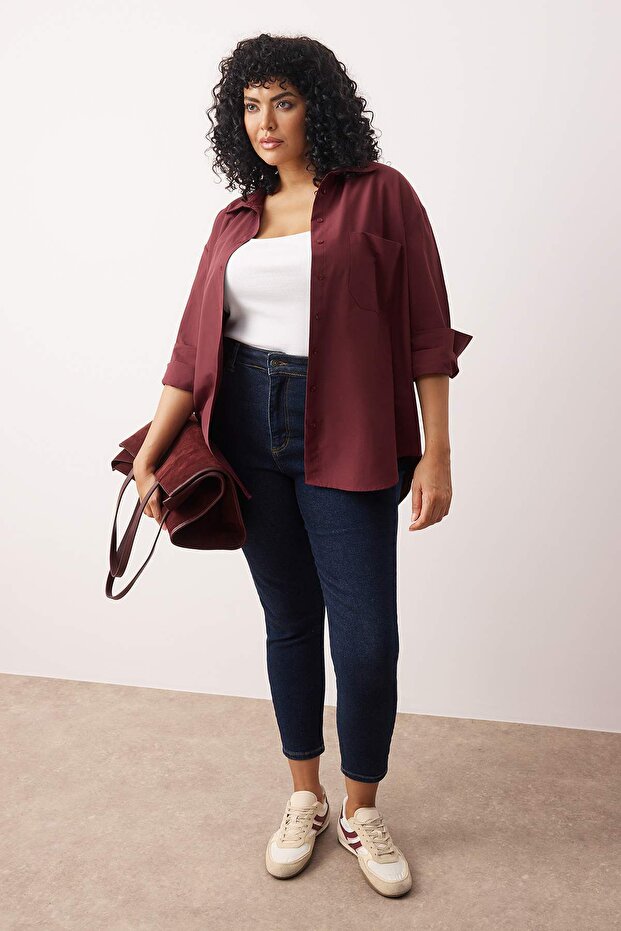 Curve قميص خمري غامق قطني Loose Fit للمقاسات الكبيرة TBBSS22GO0323