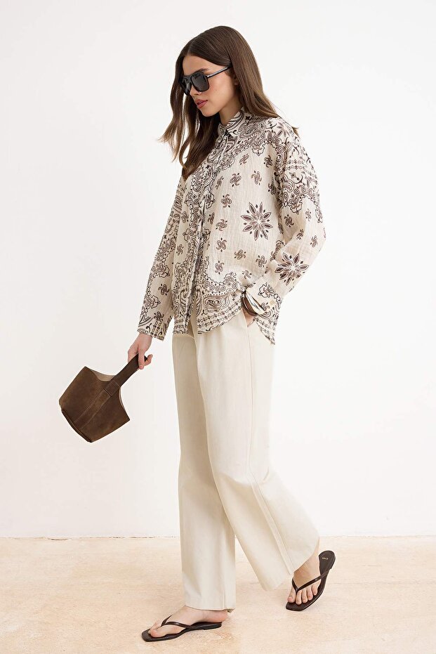 Modest قميص محتشم إكرو أوفرسايز بنقشات قطنية TCTSS26TG00041