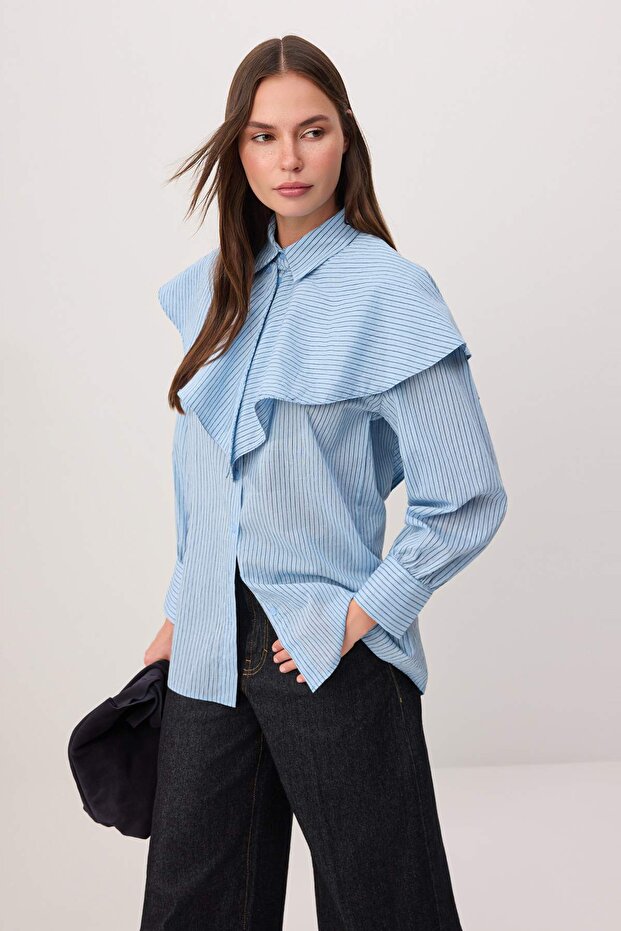 Modest قميص محتشم أزرق مخطط مع تفاصيل شال TCTSS26TG00037