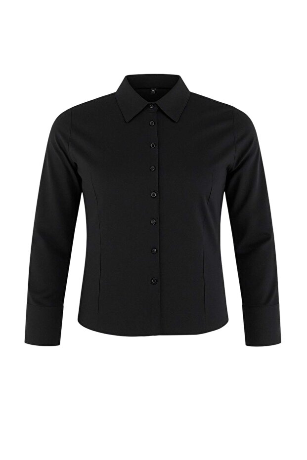 Curve Wardrobe Essentials قميص مقاسات كبيرة أسود قطني بقصة محددة خفيفة TBBAW26AX00020