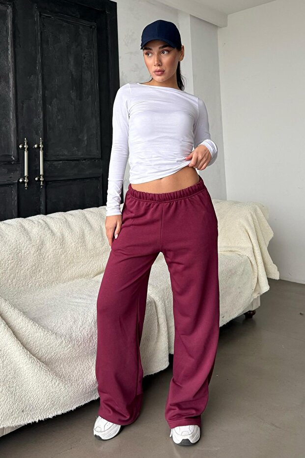 بنطلون رياضي نسائي خمري واسع الأرجل MG2279