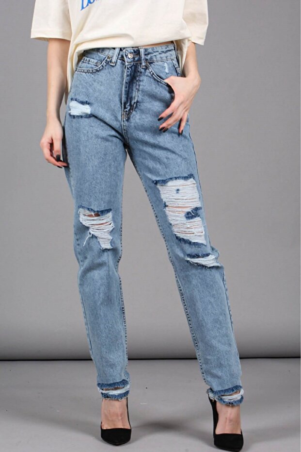 جينز Mom أزرق ممزق من Mad Girls MG1163
