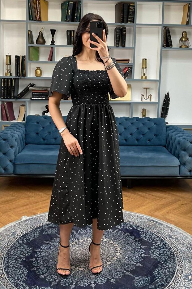 فستان ميدي أسود منقش بخصر مطاطي MG2101