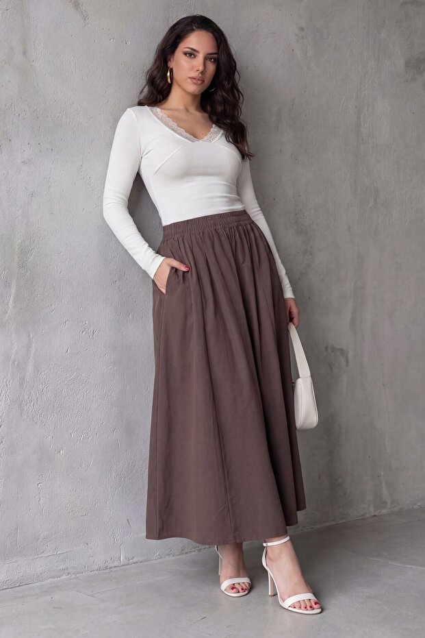 تنورة نسائية بنية ميدي بخصر مطاطي MG2616