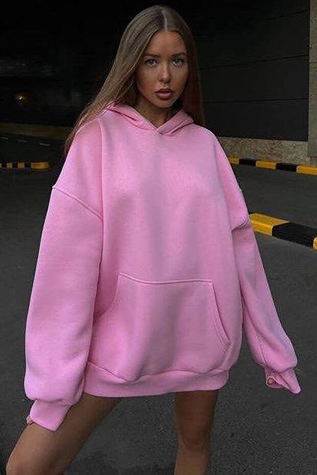 سويت شيرت وردي أوفرسايز بغطاء رأس ومبطن MG1566