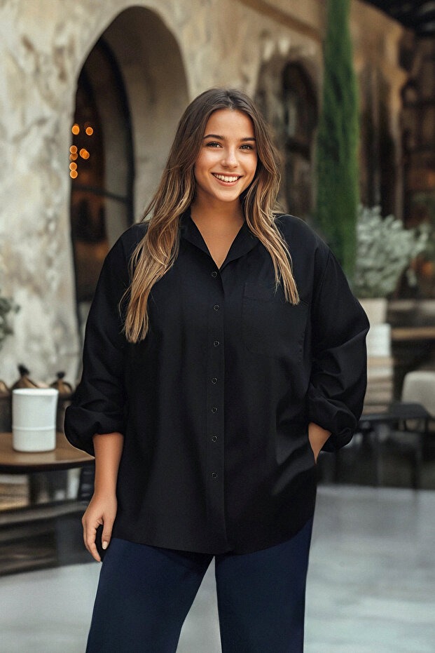 Curve قميص أسود قطني Loose Fit بأكمام طويلة للمقاسات الكبيرة TBBSS22GO0323
