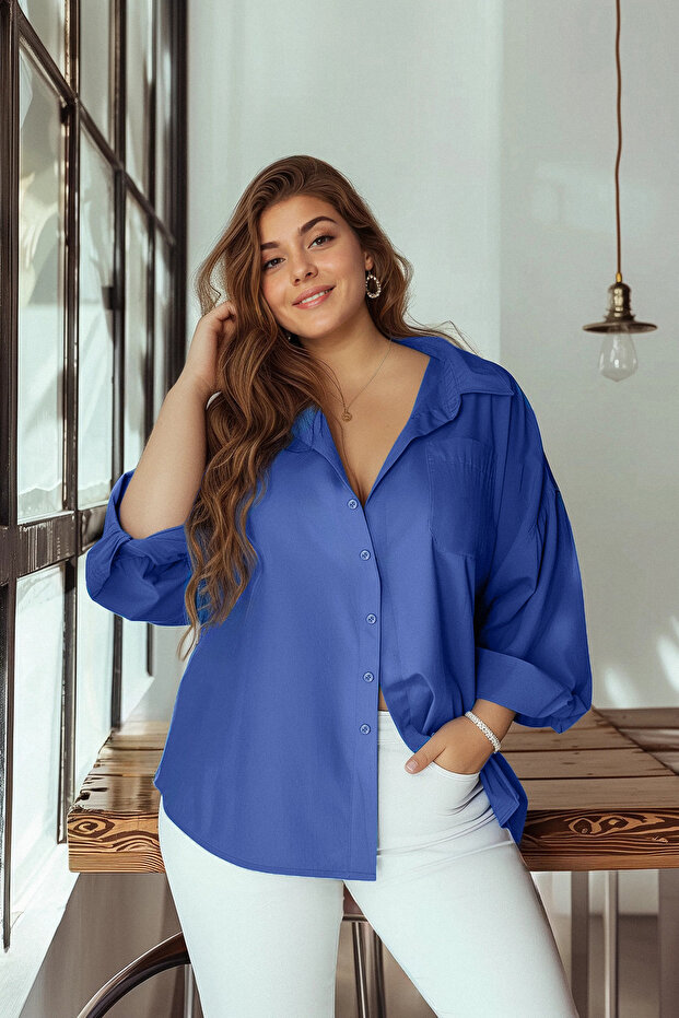 Curve قميص دنيم أزرق غامق قطني Loose Fit للمقاسات الكبيرة TBBSS22GO0323