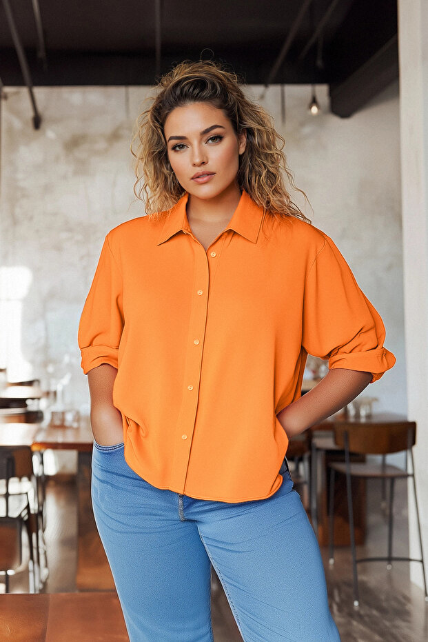 Curve قميص مقاسات كبيرة برتقالي Loose Fit قطني بأكمام طويلة TBBSS22GO0319