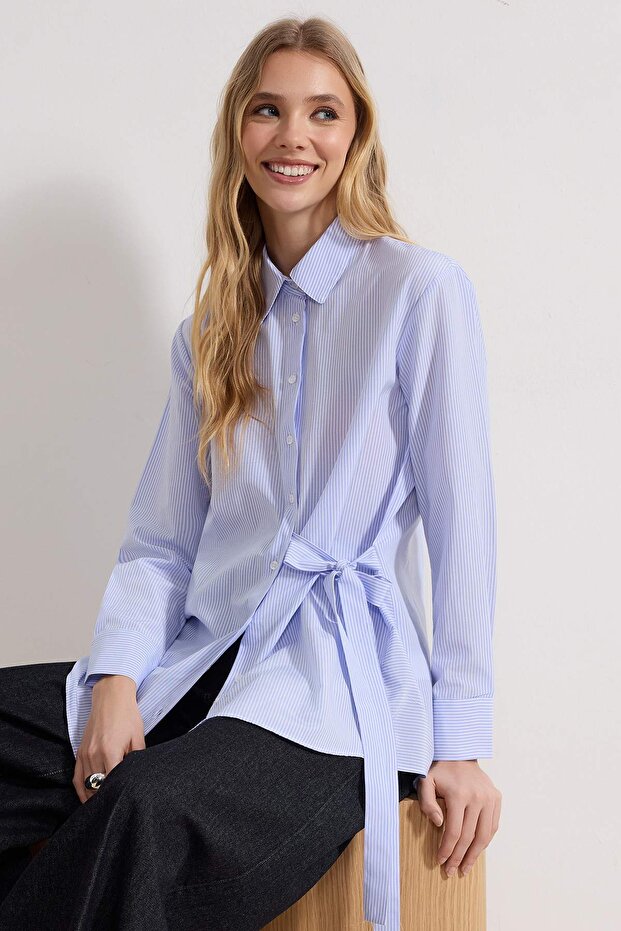 Modest قميص محتشم أزرق مخطط مع تفاصيل ربط TCTSS26TG00031