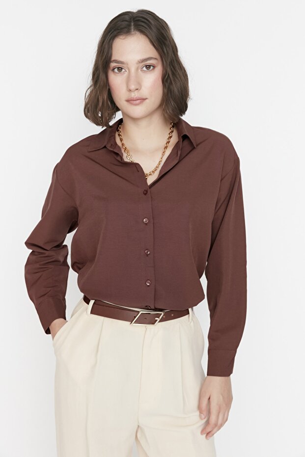 قميص بني قطني Loose Fit TWOAW20GO0107