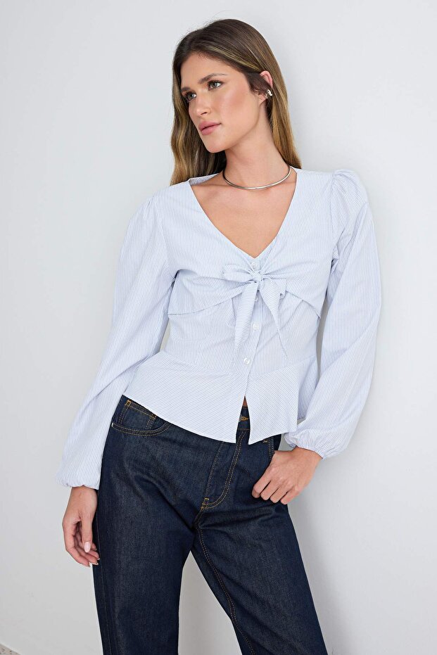 أزرق مخطط من الأمام رباط بتفاصيل منسوج بلوزة